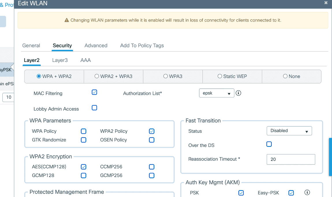The WLAN Security Layer2 tab with MAC Filtering enabled, an authorization list selected, and PSK and Easy-PSK AKMs ticked
