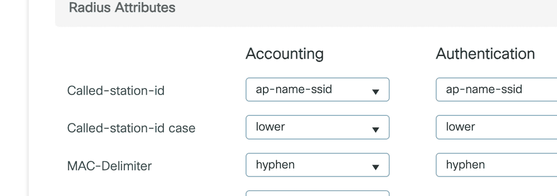 The Catalyst 9800 AAA Radius Attributes section with Called-station-id set to ap-name-ssid for Authentication and Accounting