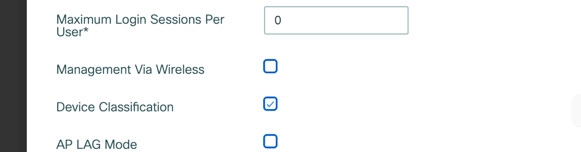 The Catalyst 9800 Wireless Global page with the Device Classification checkbox enabled