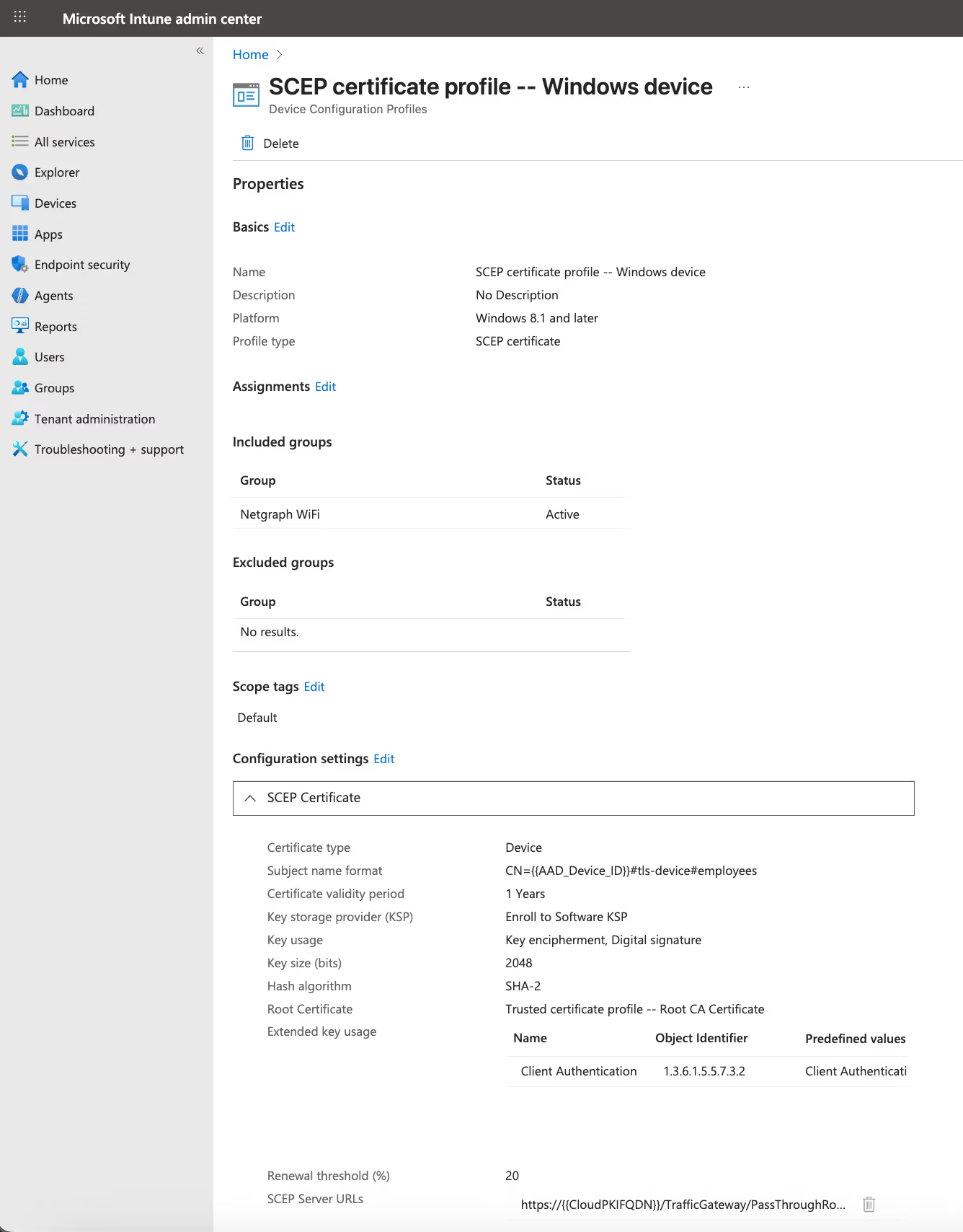 Example SCEP certificate profile in Intune with Subject Name Format using CN, AAD_Device_ID and a Certificate Group Identifier