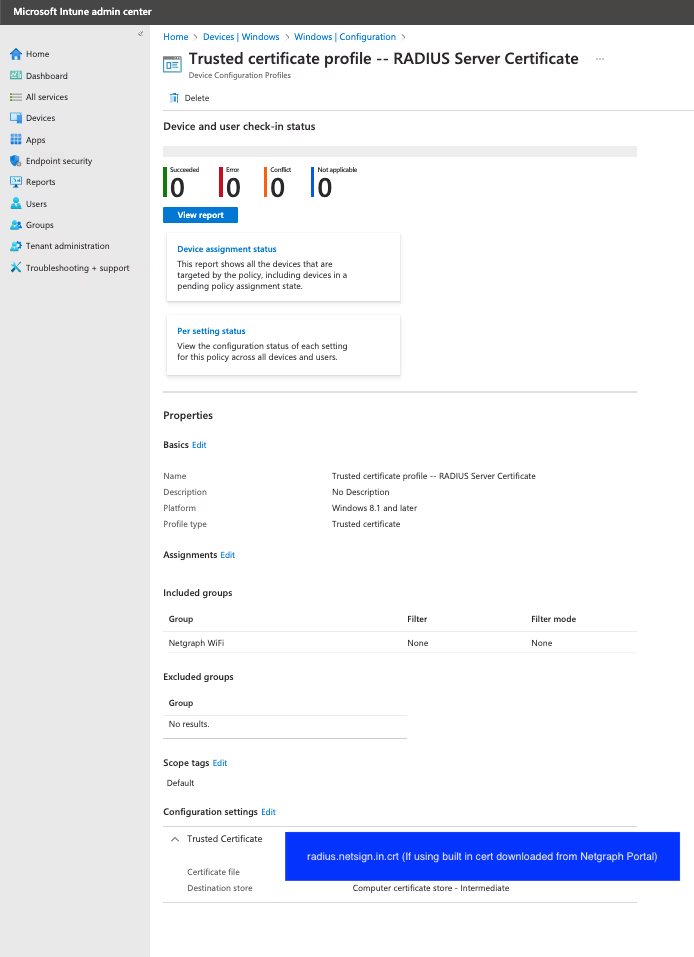 Example Trusted certificate profile in Intune for the RADIUS Server certificate