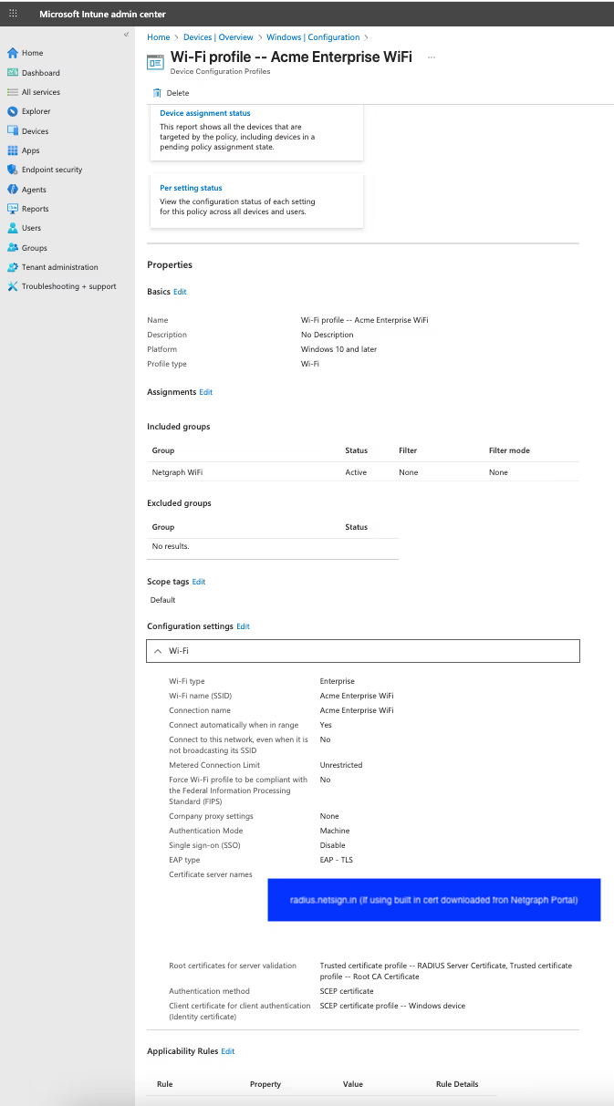 Example Wi-Fi profile in Intune named Acme Enterprise WiFi with EAP-TLS authentication