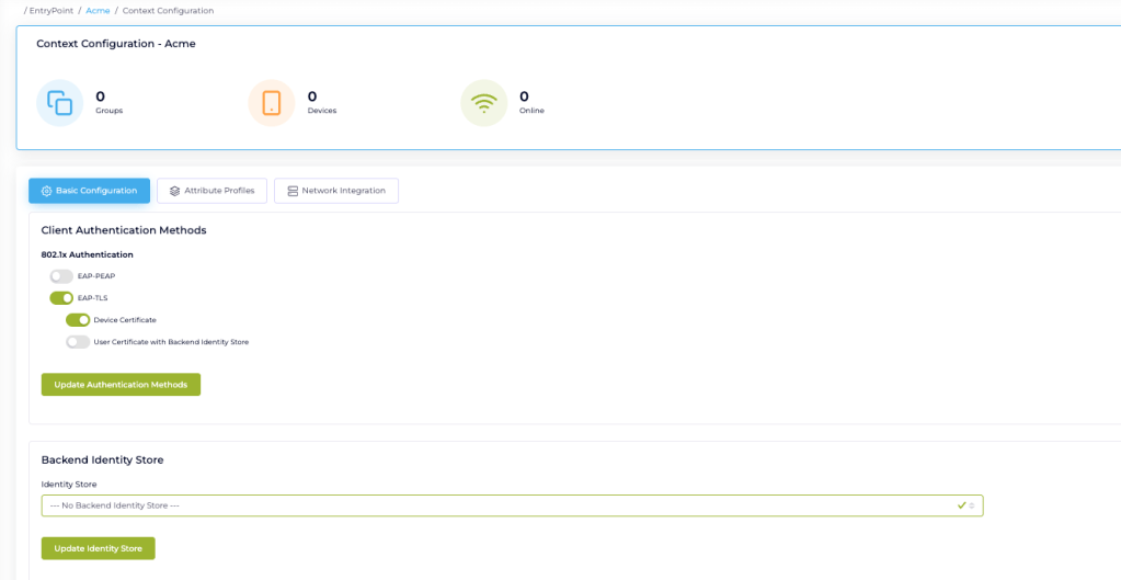 Client Authentication Methods configuration with EAP-TLS enabled and Device certificate selected