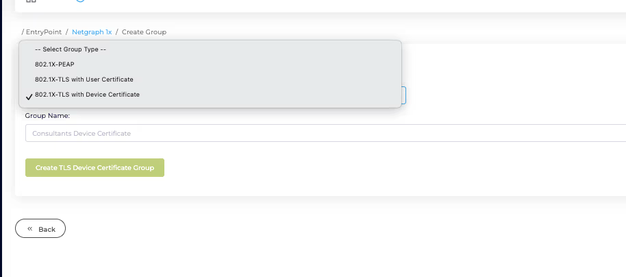 Add Group dialog with the 802.1X-TLS with Device Certificate type selected and a Group name input