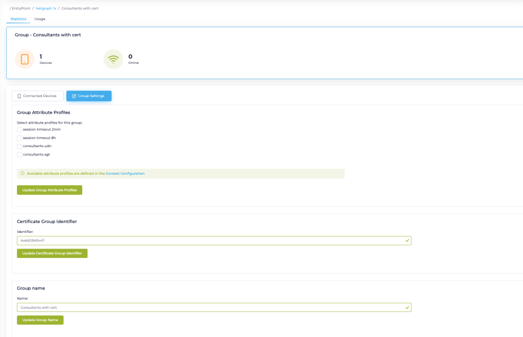 Group Settings tab with Group Attribute Profiles, Certificate Group Identifier, Group Name and Remove Group controls