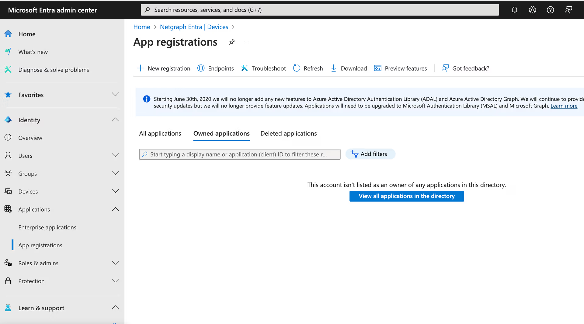 Microsoft Entra admin center, App registrations section