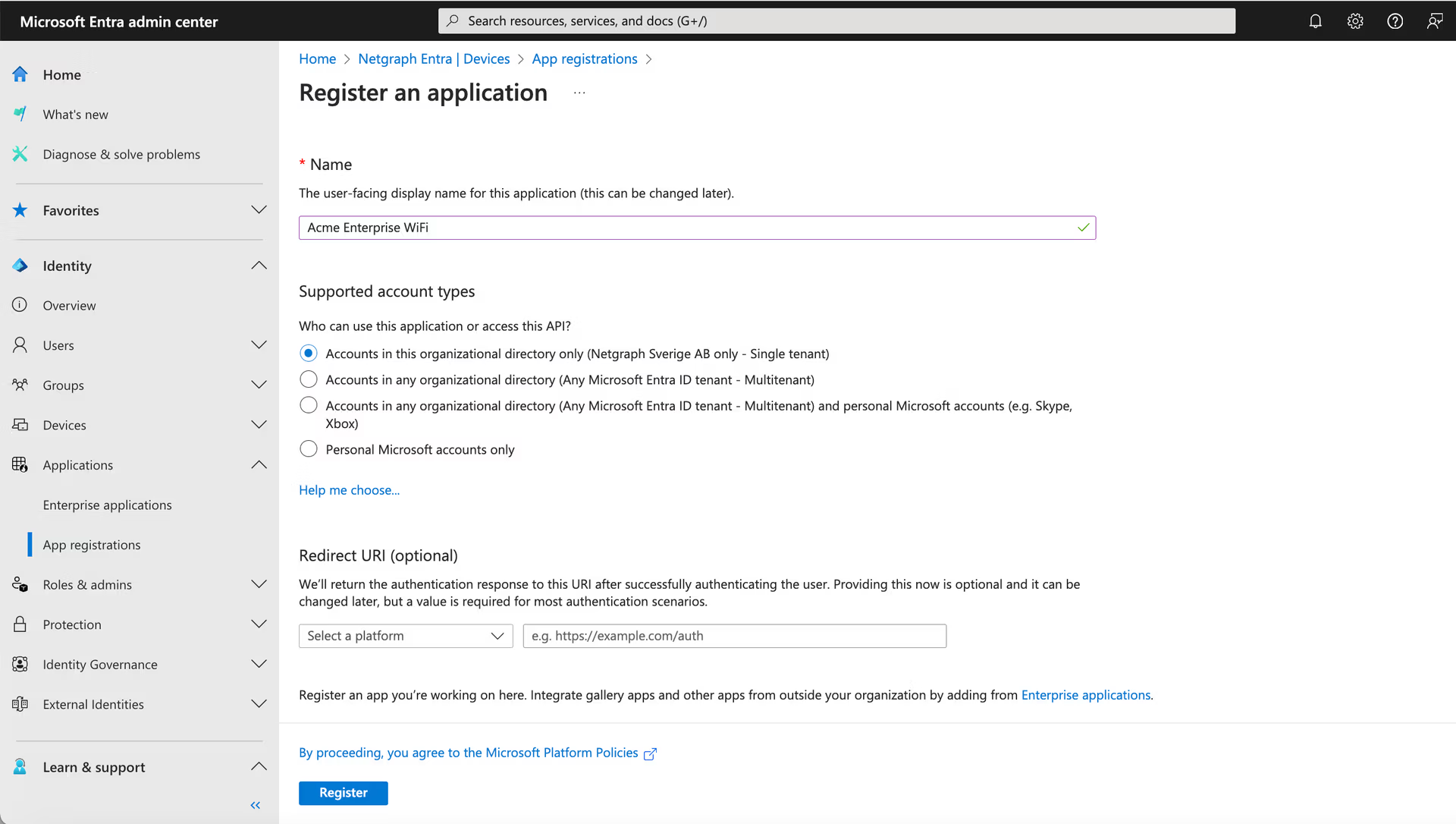 Register an application form in Microsoft Entra