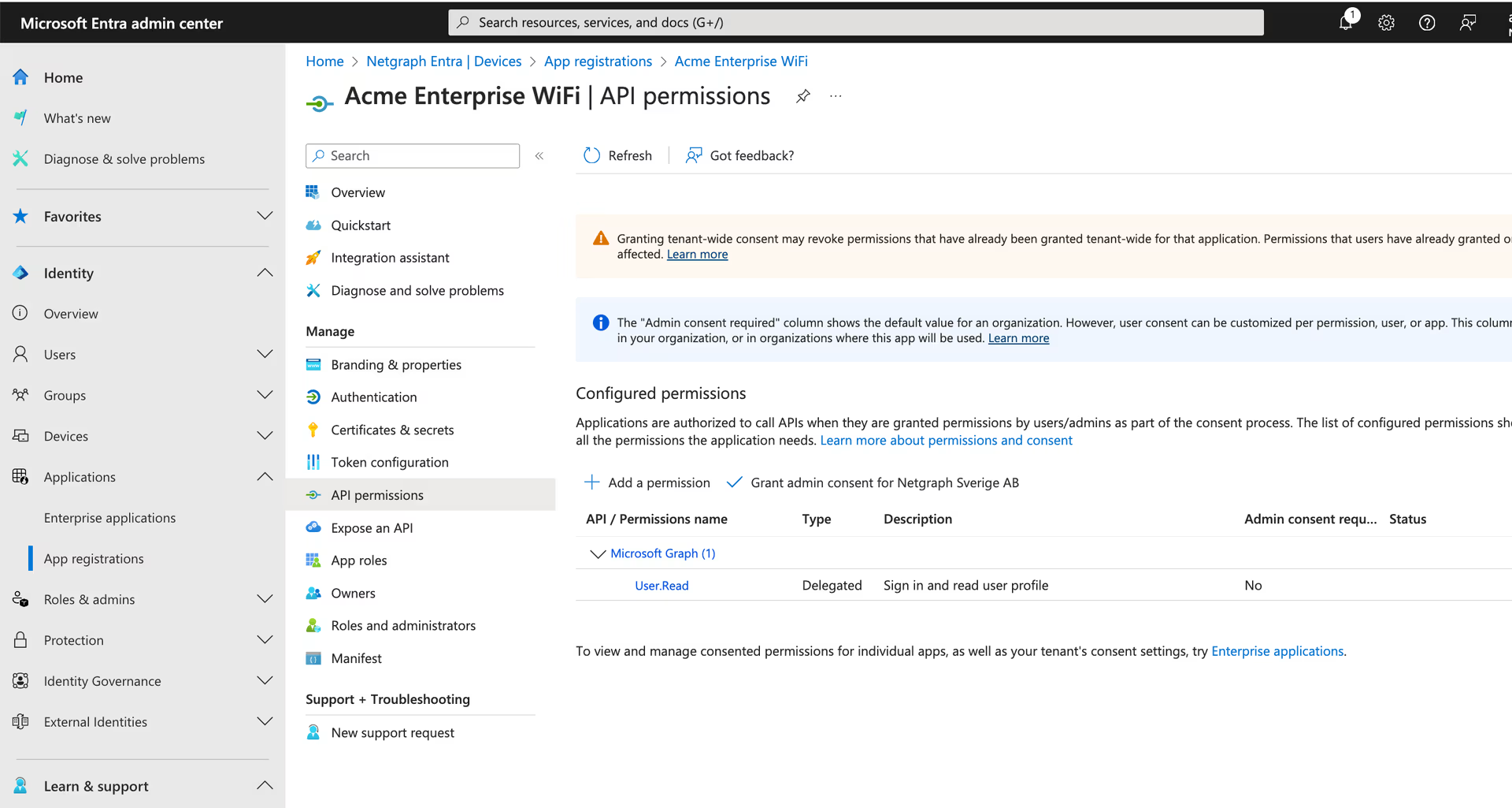 API permissions section of the registered application with Add a permission action