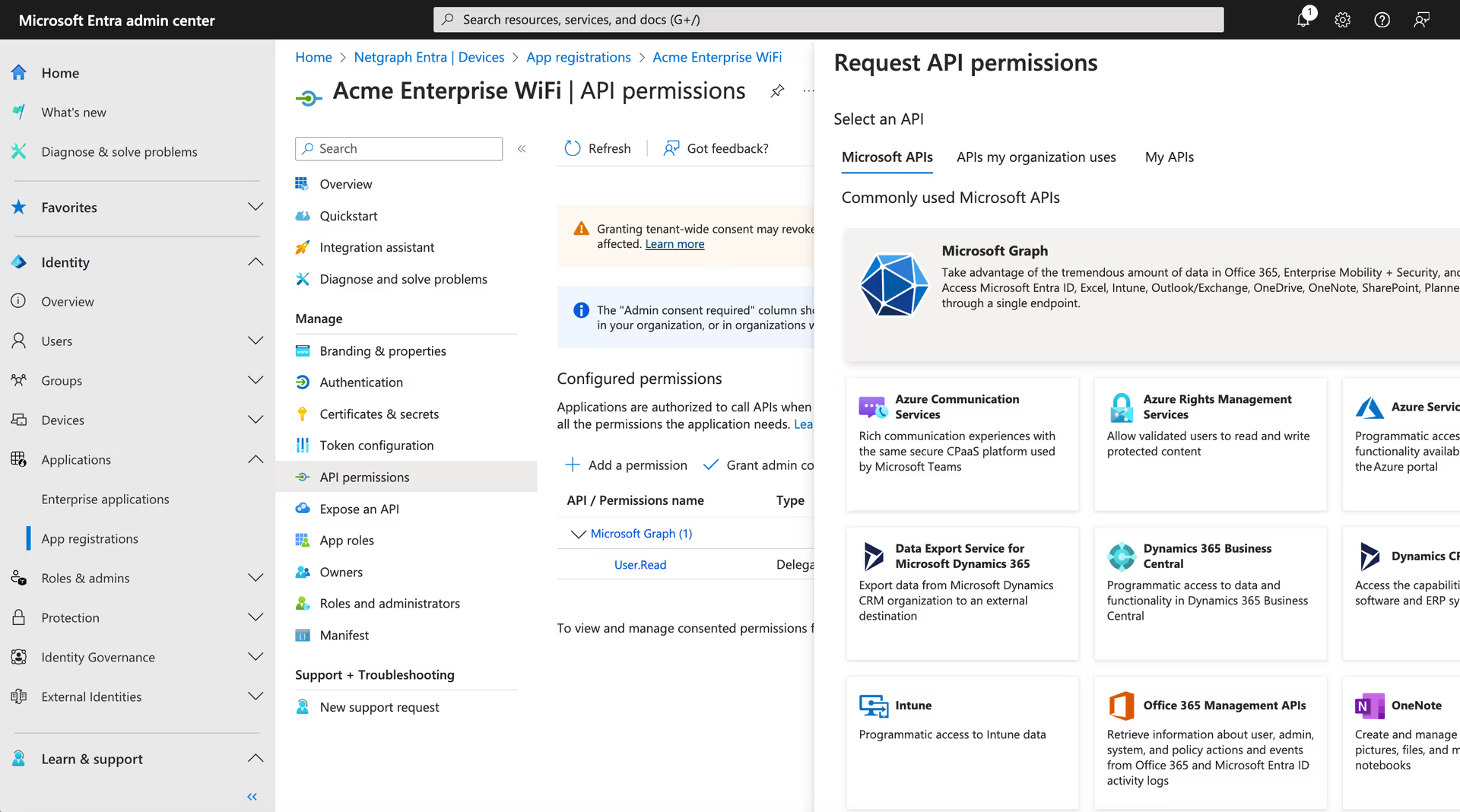 Request API permissions dialog with the Microsoft Graph icon highlighted