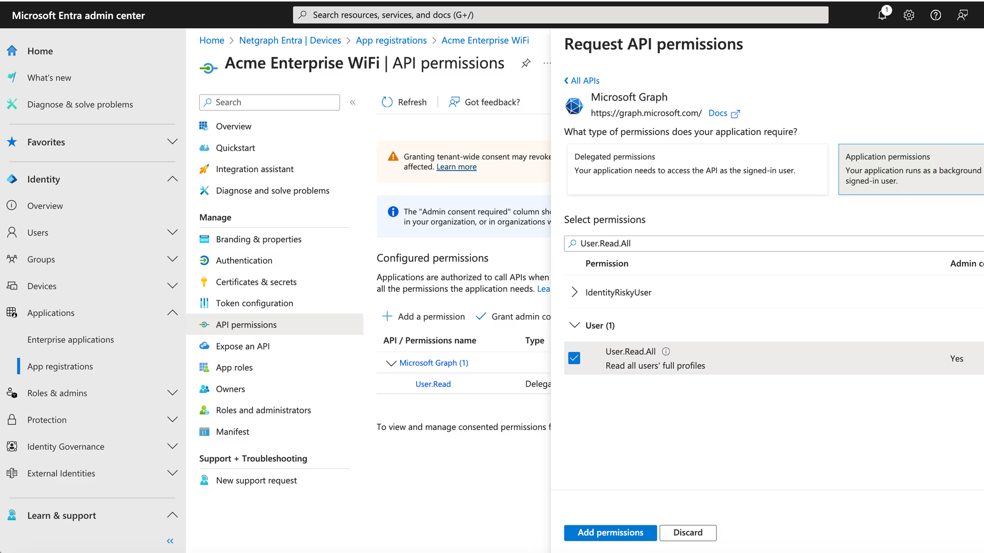 Application permissions tab with the search field for User.Read.All