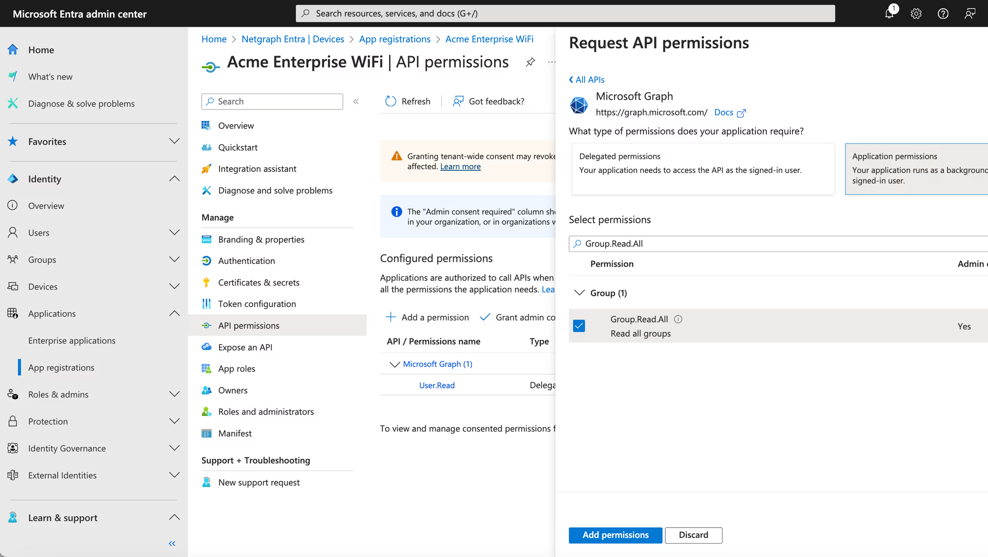 User.Read.All permission selected in the Application permissions list