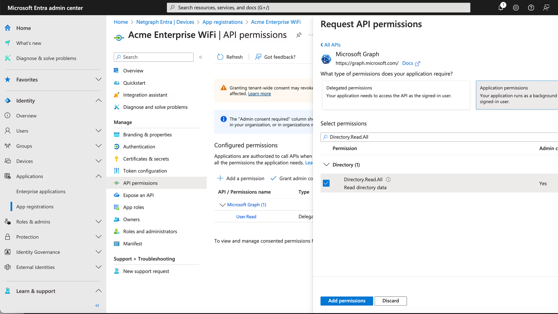 Group.Read.All and Directory.Read.All permissions selected