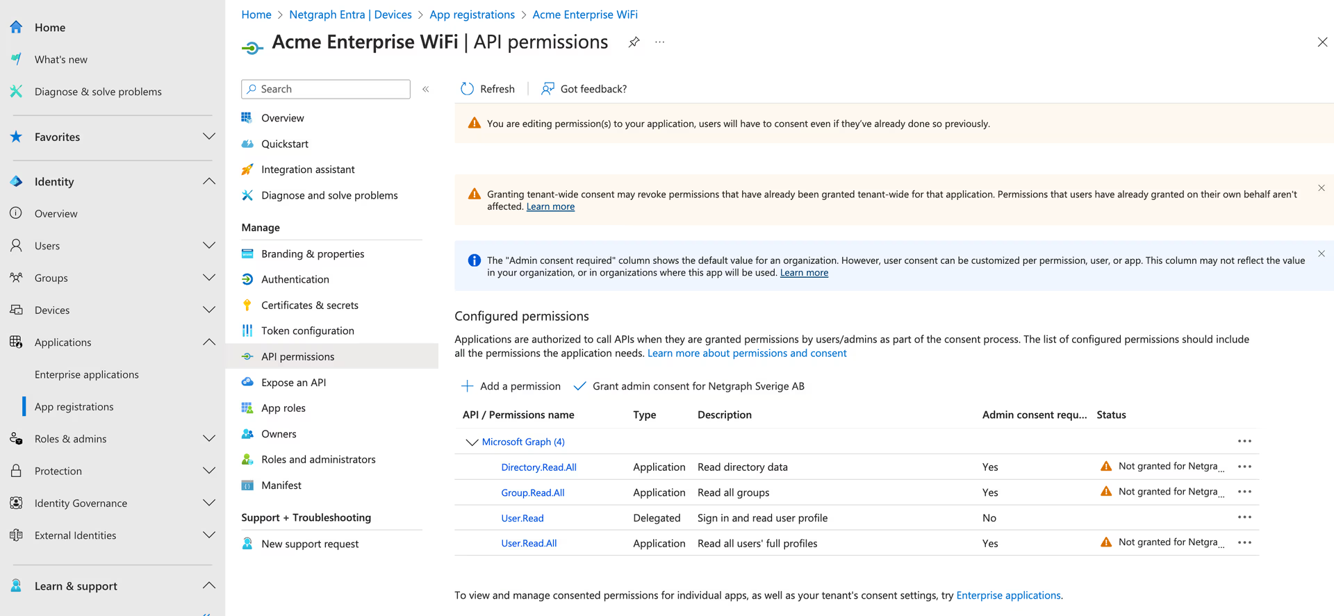 Configured permissions list showing Not granted status and a Grant admin consent button