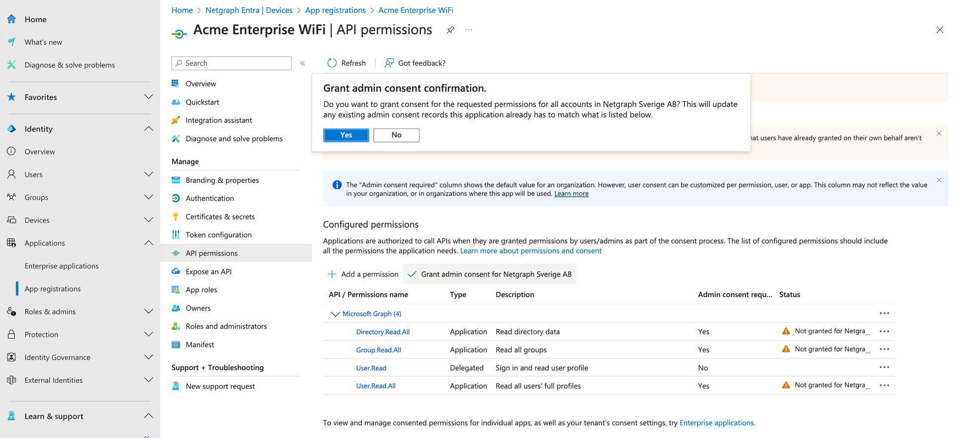 Grant admin consent confirmation dialog