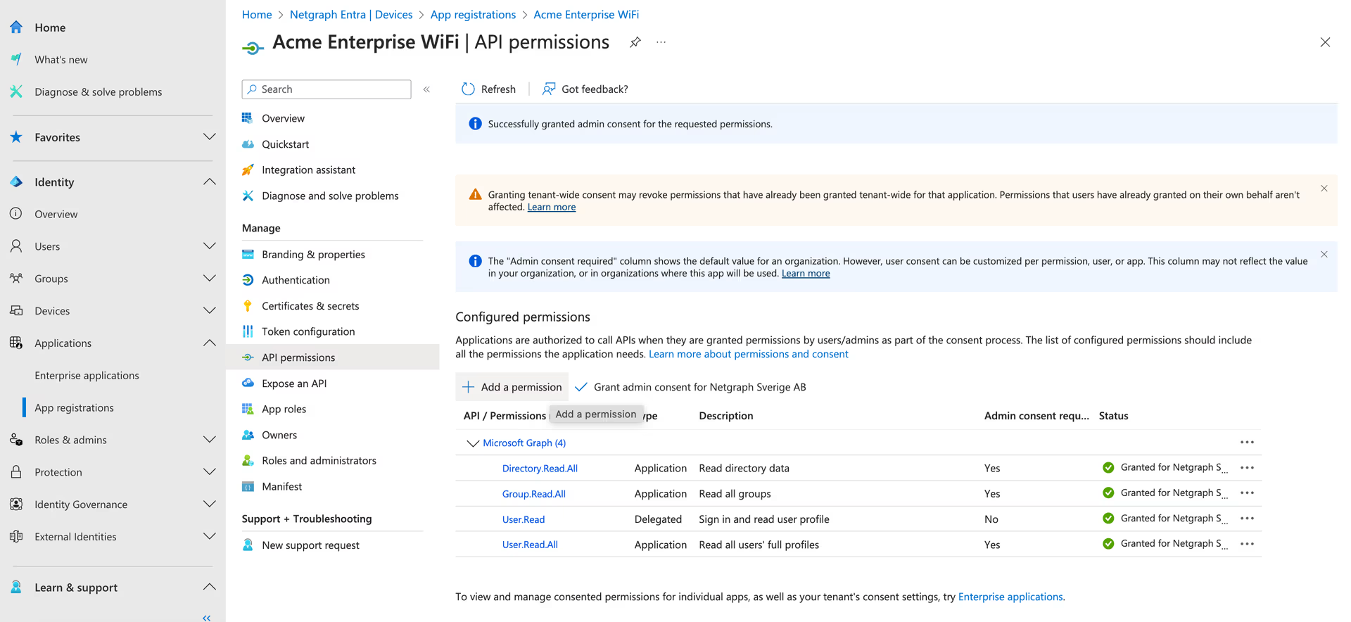 API permissions list with green Granted status for each of the three permissions