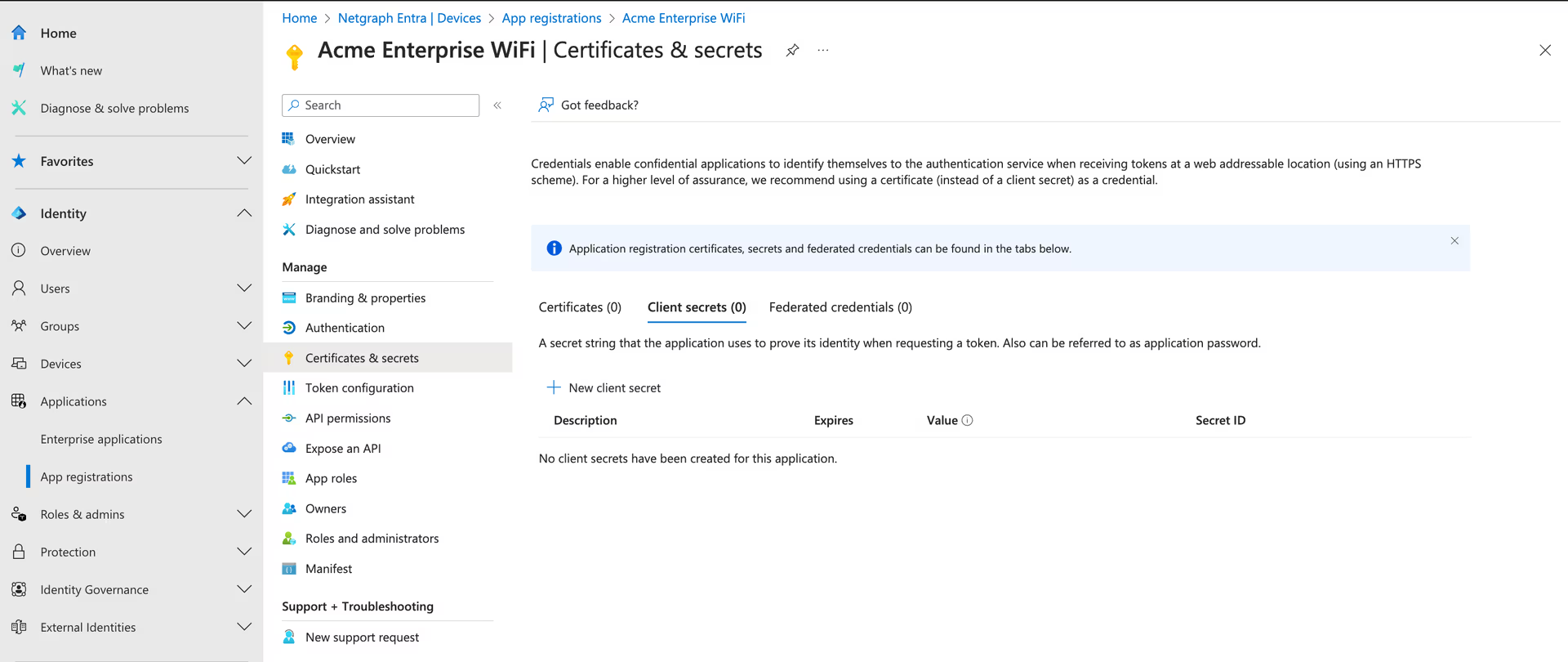 Certificates and secrets section with the New client secret action