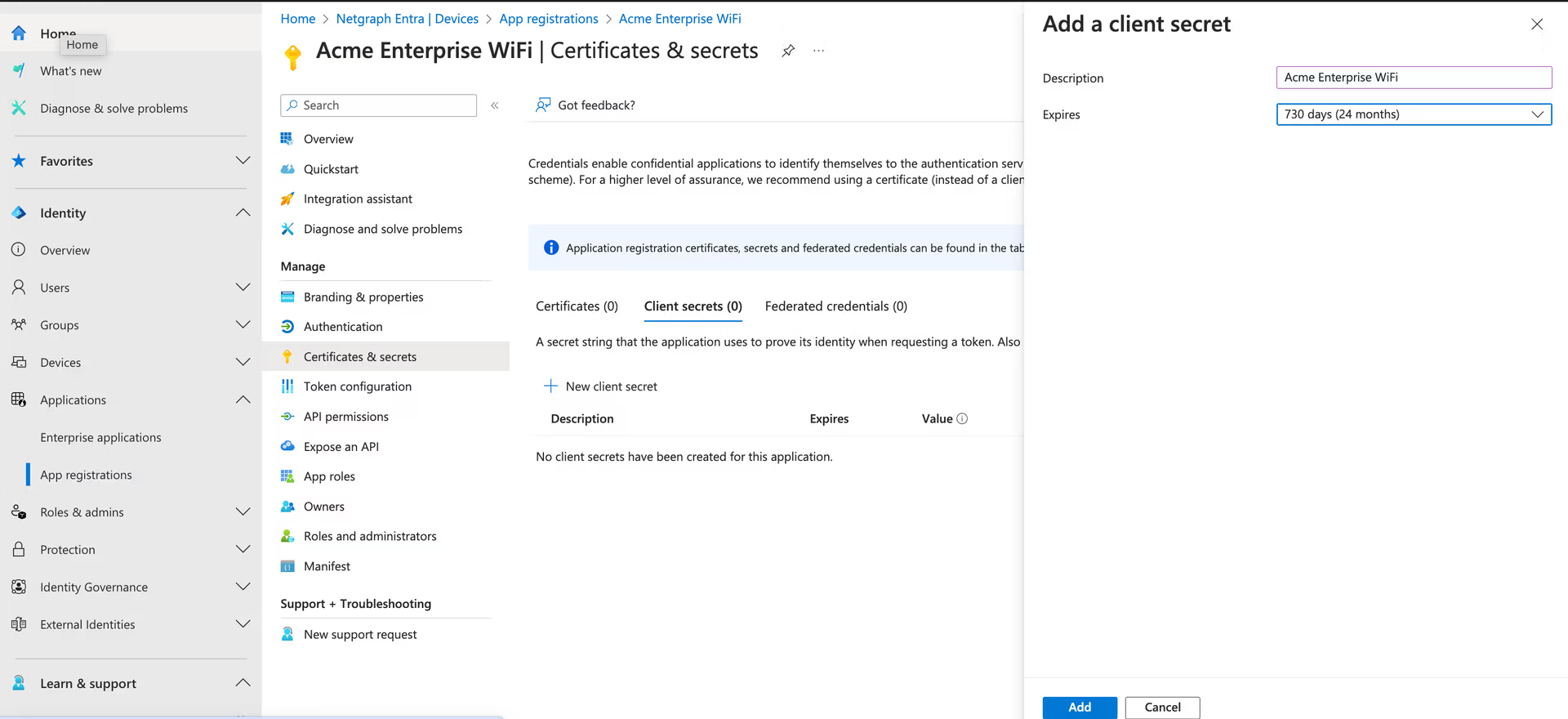 Add a client secret form with description and expiry fields