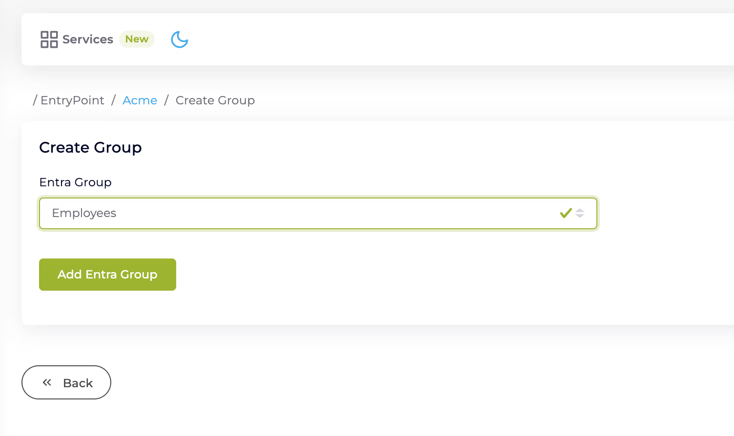 Add Entra Group dialog with a drop-down listing available Entra groups