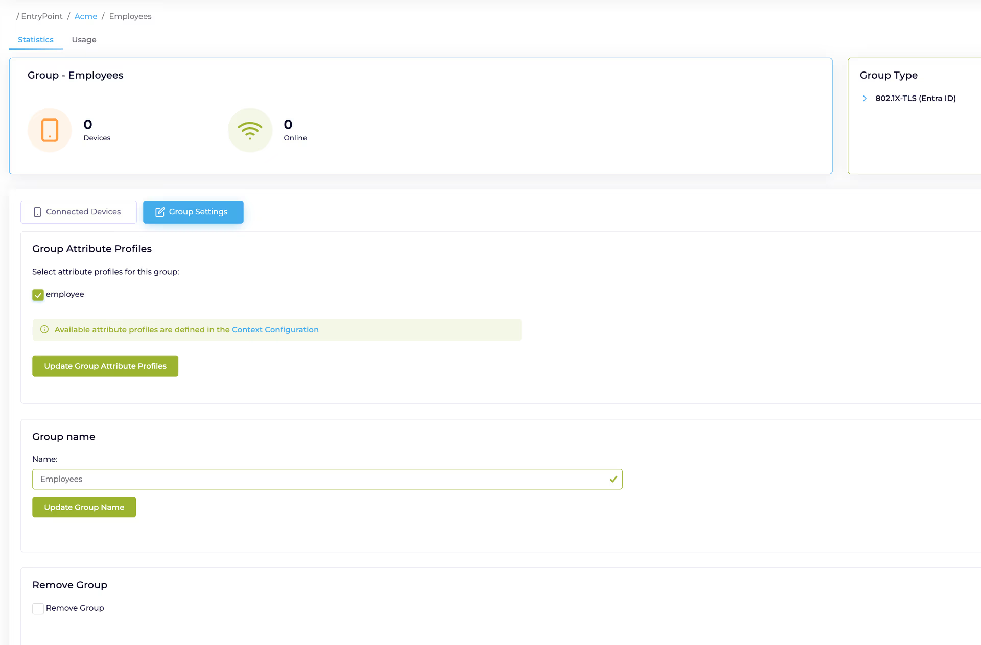Group Settings tab with Group Attribute Profiles, Group Name and Remove Group controls