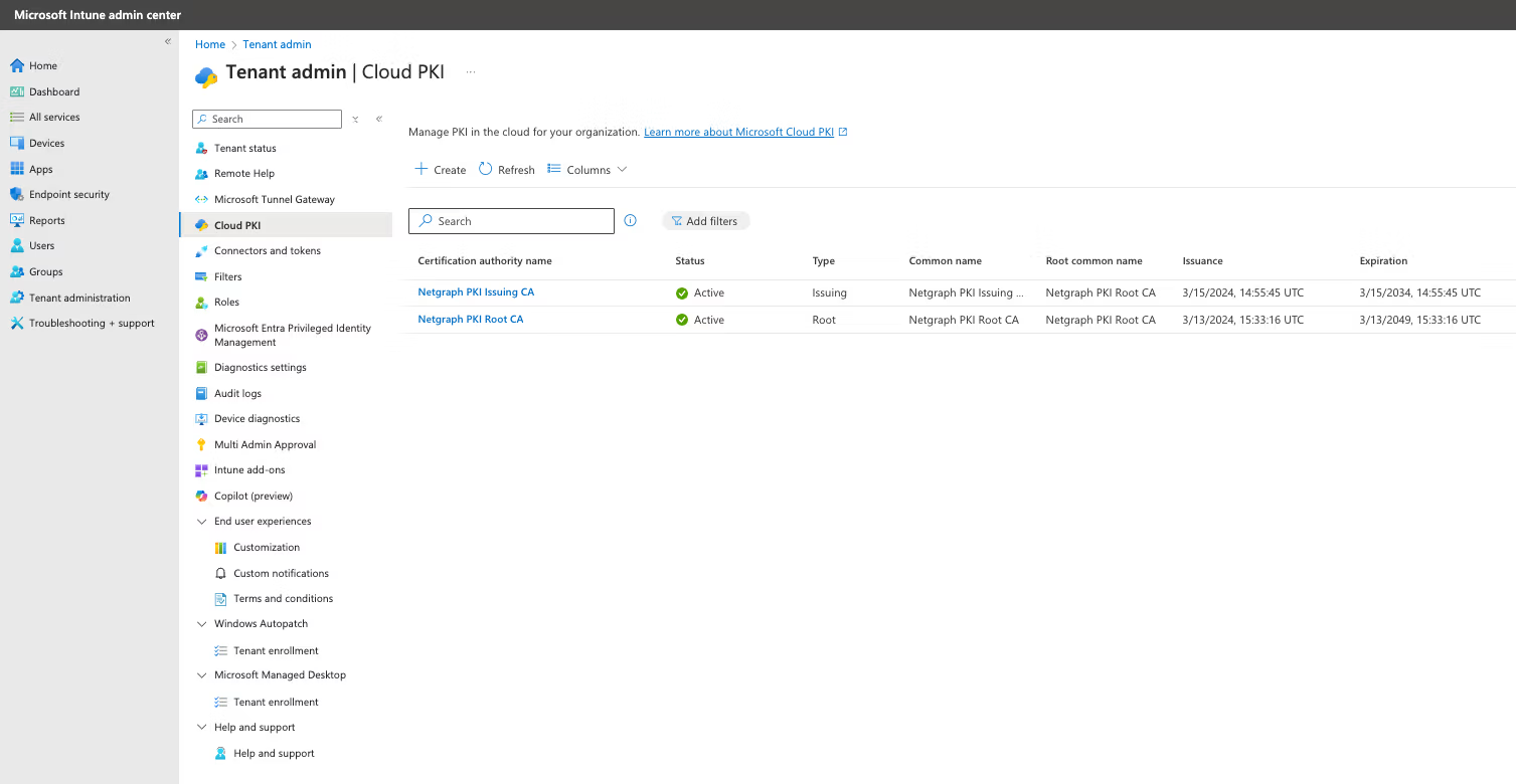 Microsoft Intune admin center Cloud PKI section