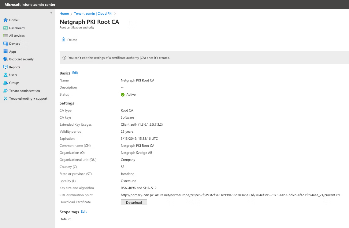 Cloud PKI Root CA detail page in Microsoft Intune admin center