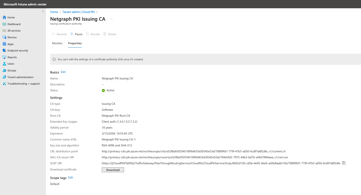 Cloud PKI Issuing CA detail page showing SCEP URI and CRL distribution point values
