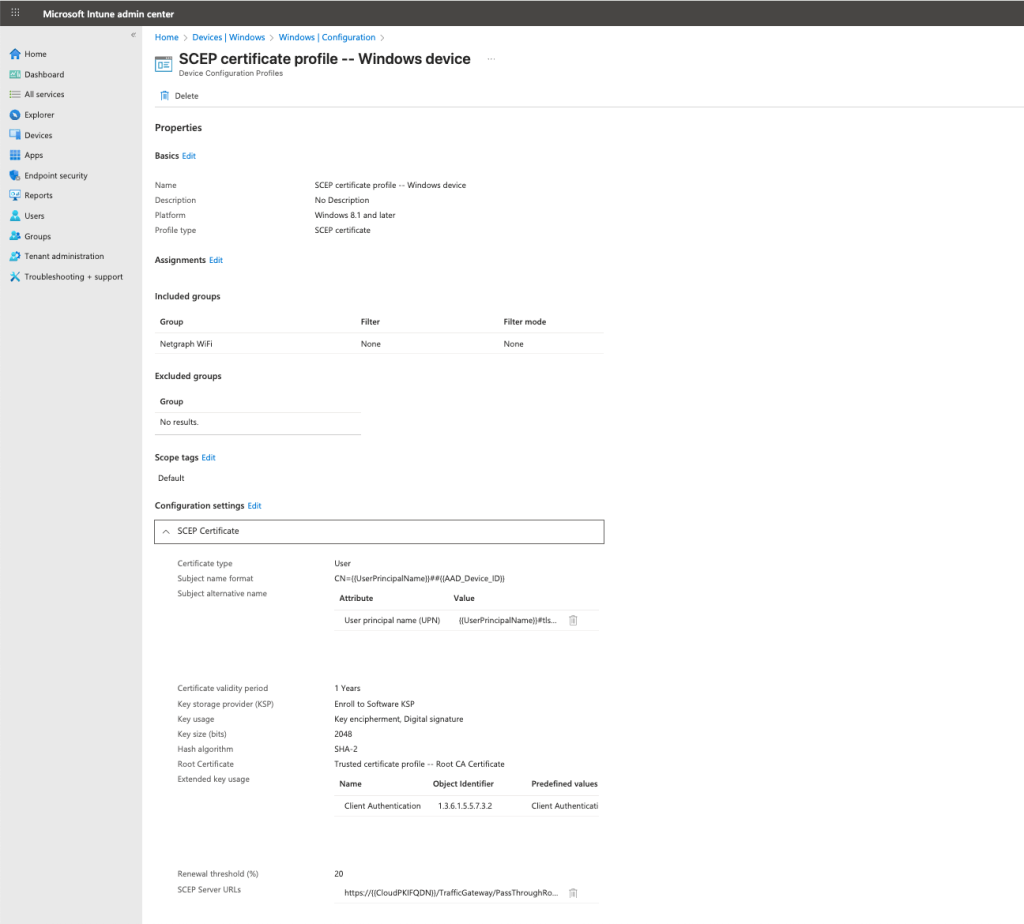 Example SCEP certificate profile in Intune with Subject Name Format and Subject Alternative Name configured