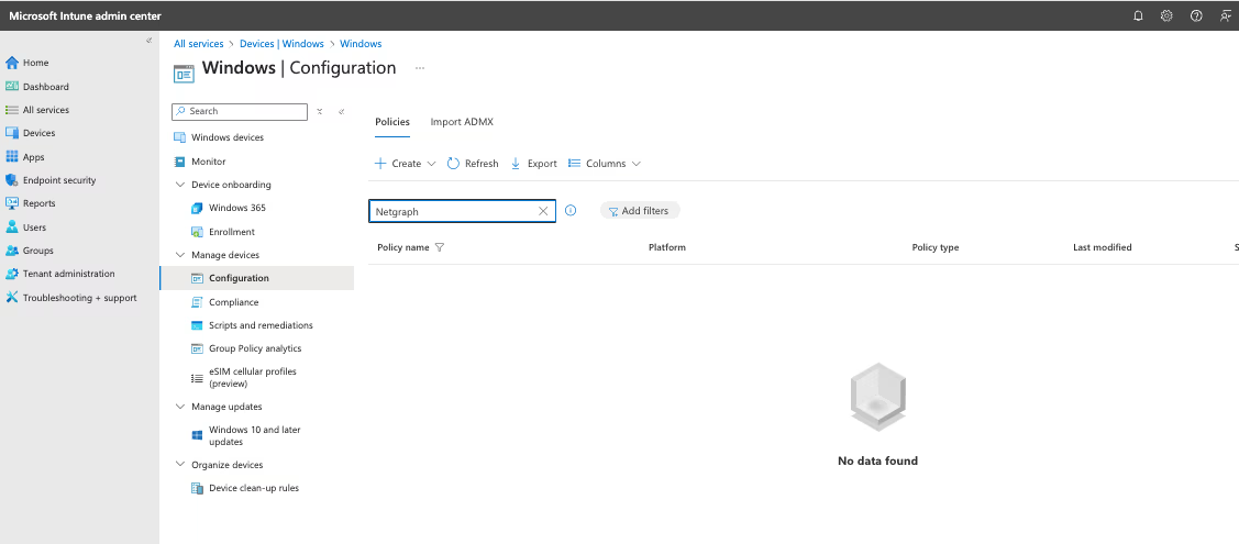 Microsoft Intune admin center Configuration section ready to create a new profile