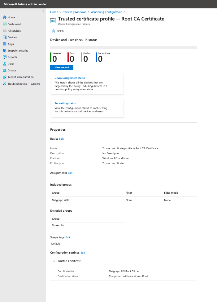 Example Trusted certificate profile in Intune with the Root CA certificate uploaded