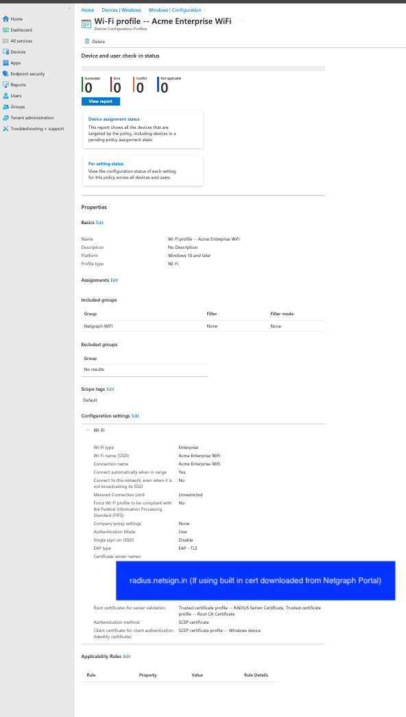 Example Wi-Fi profile in Intune named Acme Enterprise WiFi with EAP-TLS authentication