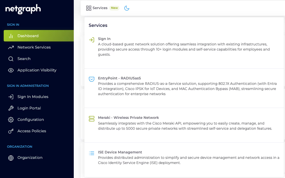 Services menu in the admin dashboard with EntryPoint RADIUSaaS selected