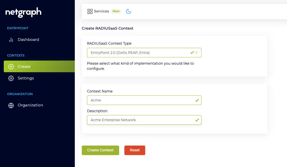 Create Context dialog with the EntryPoint 2.0 (Dot1x PEAP, Entra) type selected