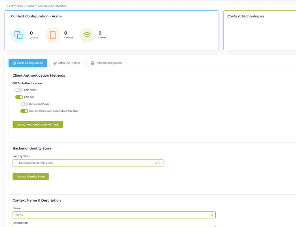 Client Authentication Methods configuration with EAP-TLS enabled and User Certificate with Backend Identity Store selected