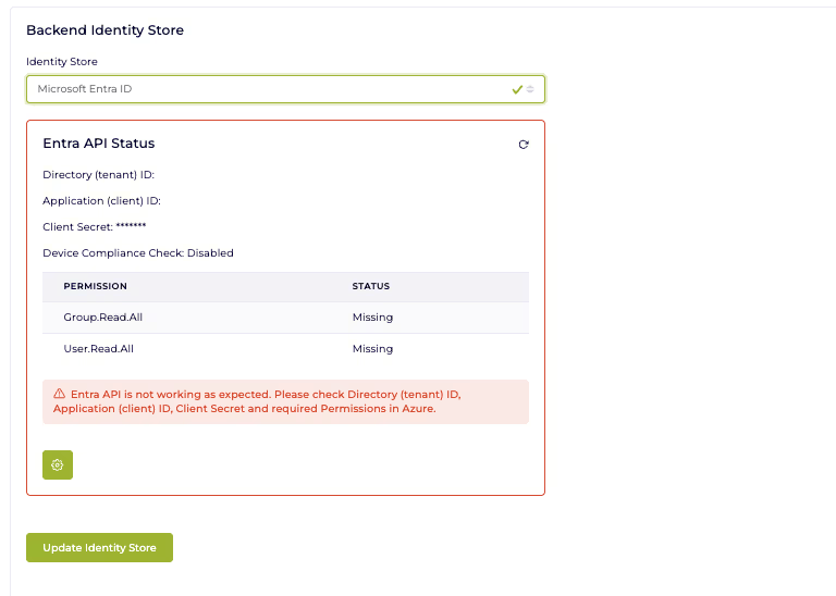 Backend Identity Store selector with Microsoft Entra ID chosen