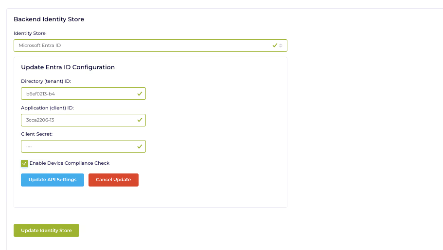 Entra API credentials form with Directory ID, Client ID and Client Secret fields