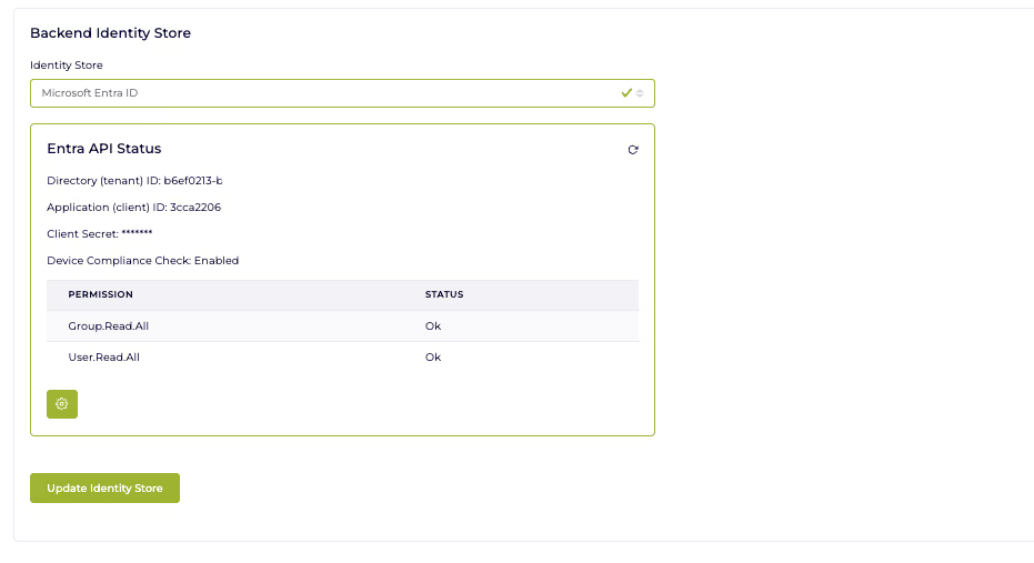 Identity Store configuration with Update Identity Store button after the credential fields are filled