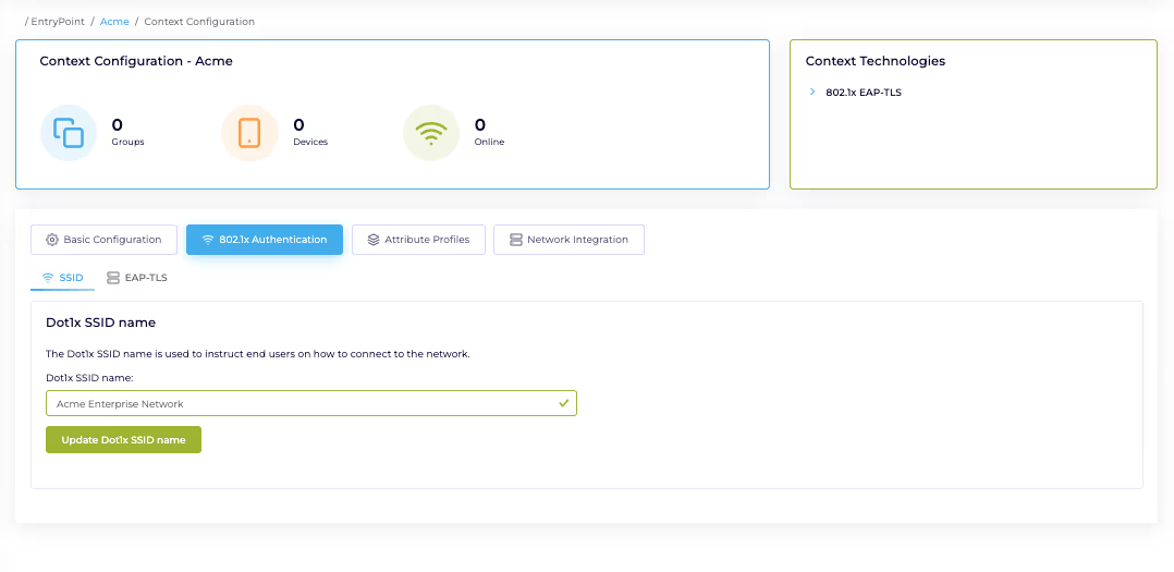 SSID tab under 802.1x Authentication with SSID name input and Update Dot1x SSID name button