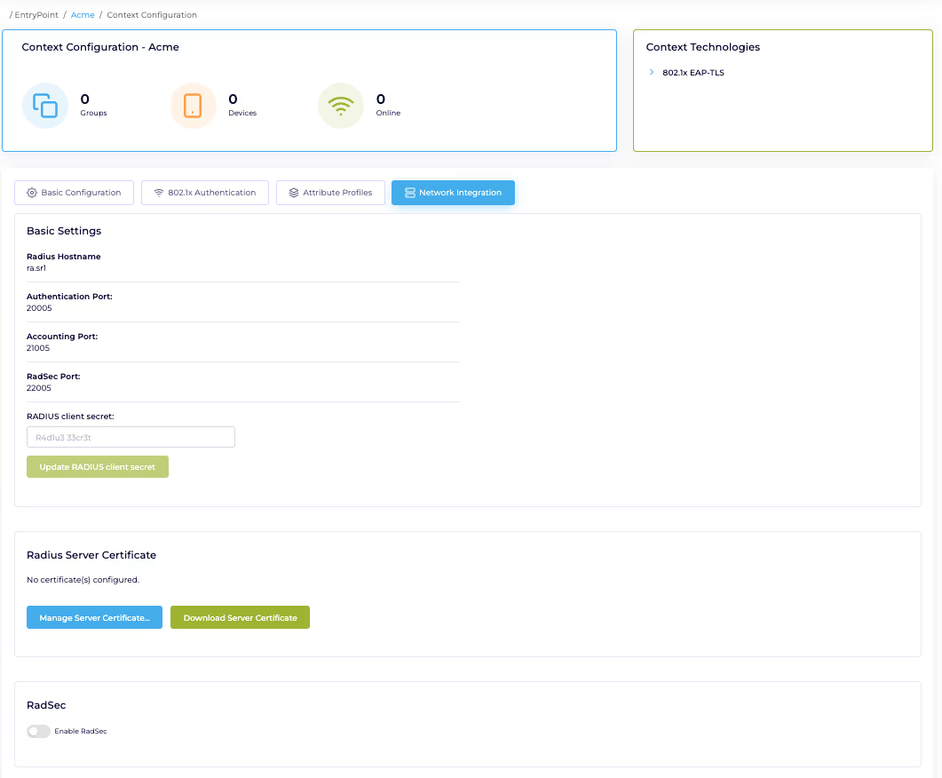 Network Integration Basic Settings panel showing RADIUS Hostname and ports