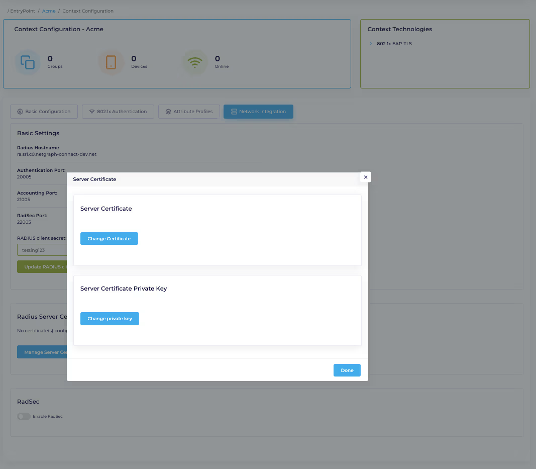 RADIUS Server Certificate upload UI with Certificate and Private Key fields
