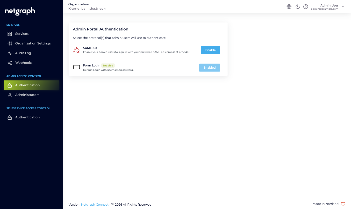 Admin Portal Authentication page with two cards: SAML 2.0 (Enable button) and Form Login (Enabled, button disabled)