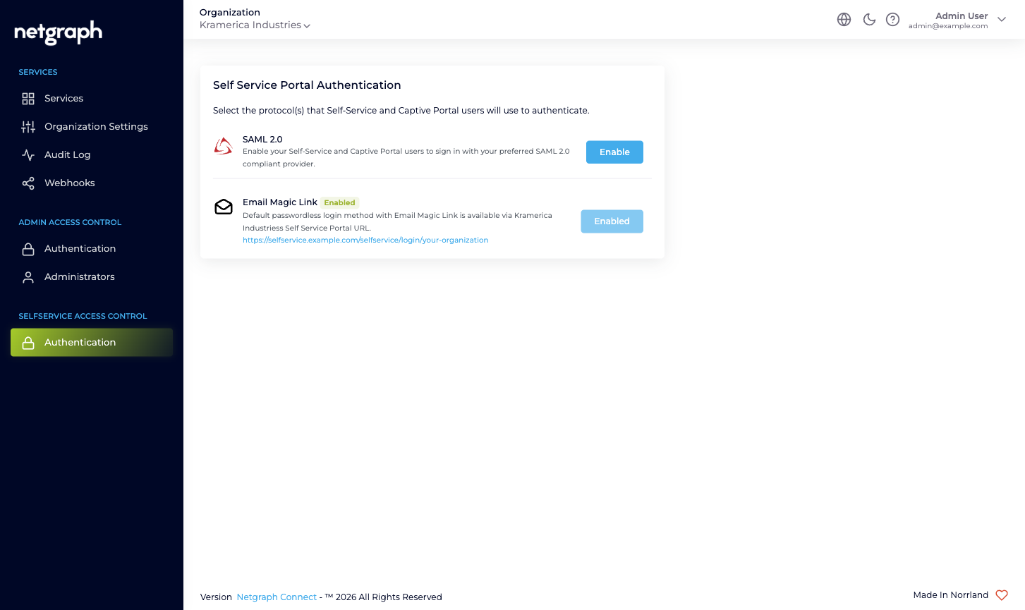 Self Service Portal Authentication page with two cards: SAML 2.0 (Enable button) and Email Magic Link (Enabled, button disabled)