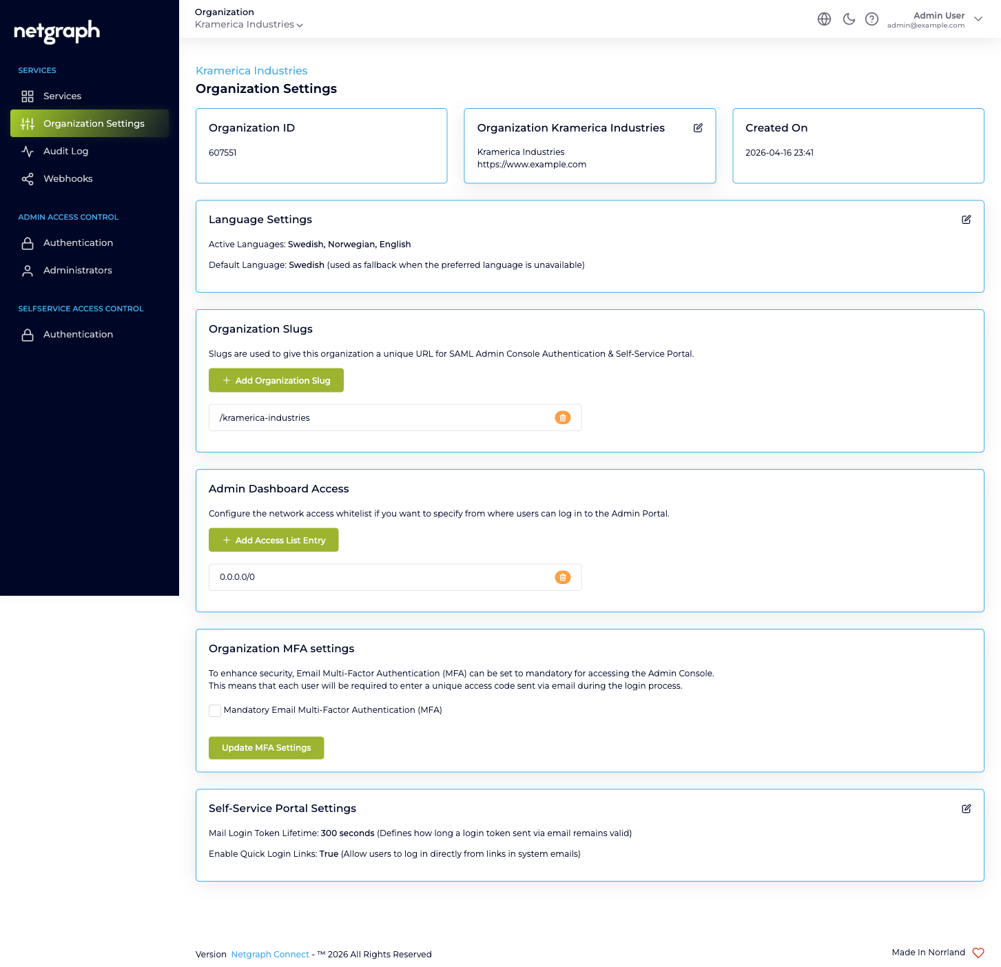 Admin Dashboard Access card with one CIDR entry 0.0.0.0/0 plus the Add Access List Entry button