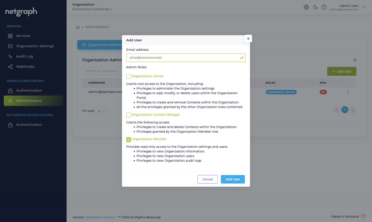 Add User modal with email field filled and one role checkbox ticked