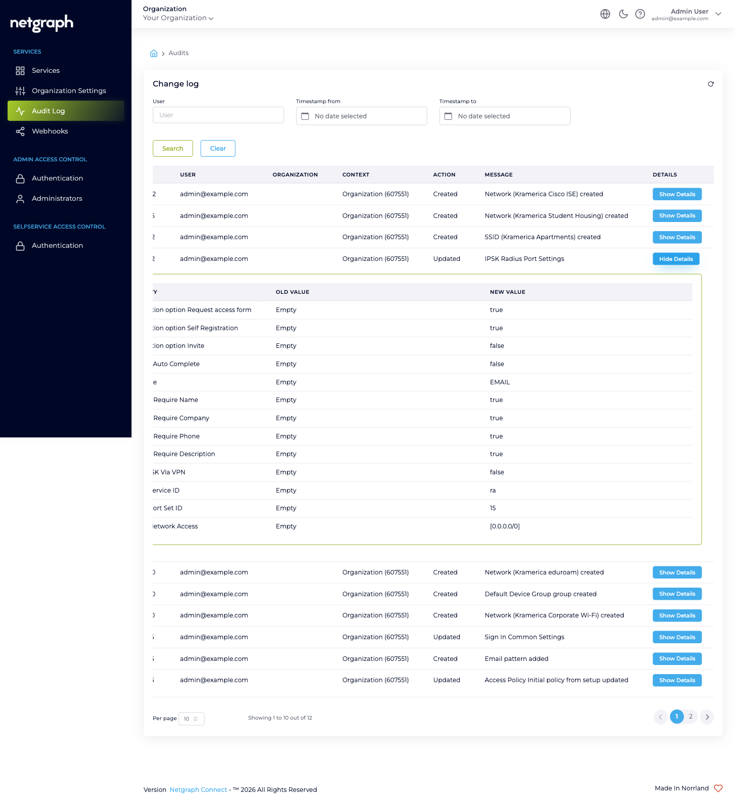 Audit row expanded showing Property, Old Value, and New Value columns with multiple rows including IPSK Type Empty to EMAIL and other settings