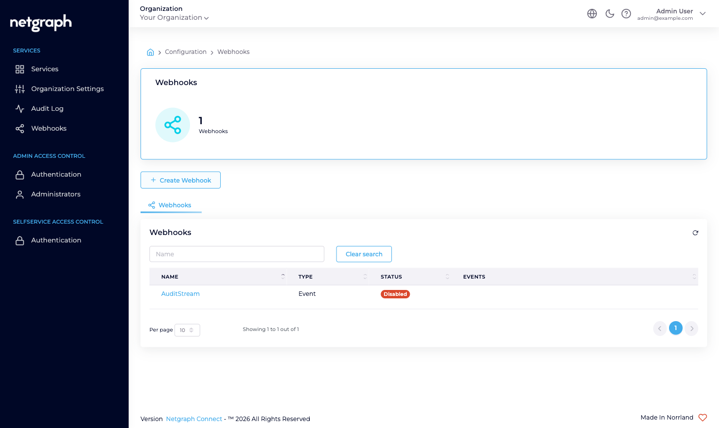 Webhooks list with Name Type Status Events columns showing two webhook rows