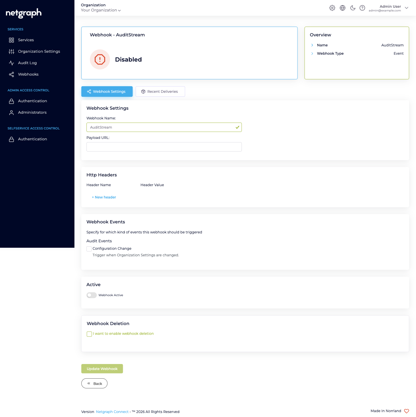 Webhook Events configuration card showing a single Audit Events grouping with Configuration Change checkbox