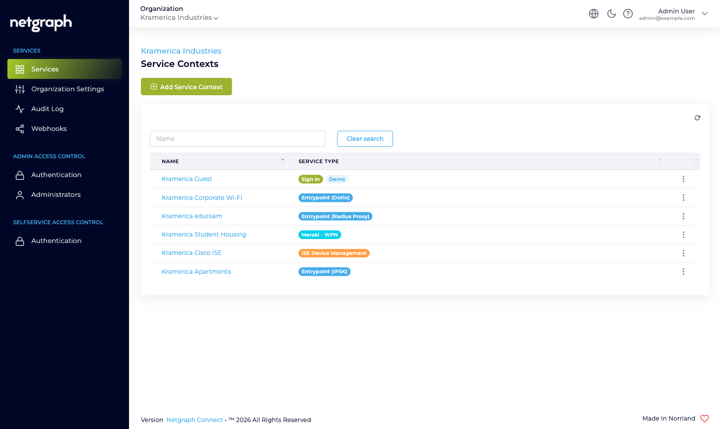 Service Contexts list with one row per Context, showing different Service Types side by side