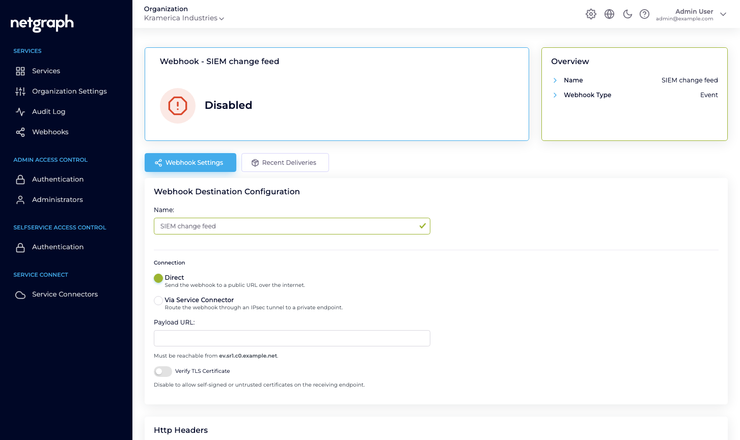 Webhook Settings showing the Connection choice between Direct and Via Service Connector, with Payload URL below
