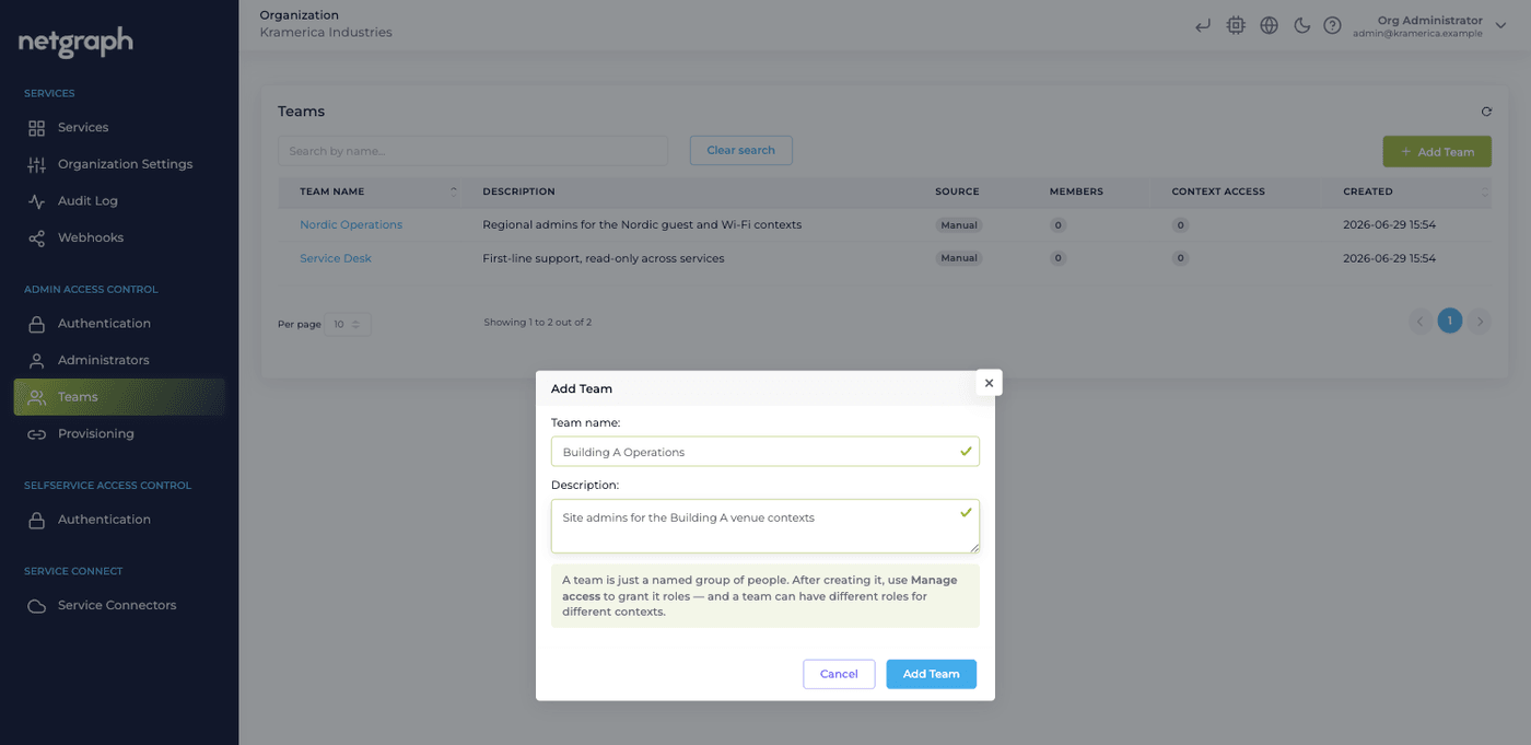 The Add Team dialog with a Team name field and a Description field