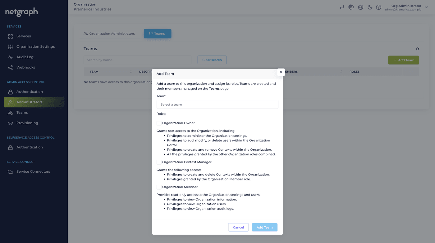 The Add Team role-assignment dialog with a team selector and role checkboxes with descriptions